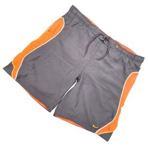 Nike Swim Trunks Mens L Grey Orange Board Shorts Mesh Liner Zipper Back Pocket